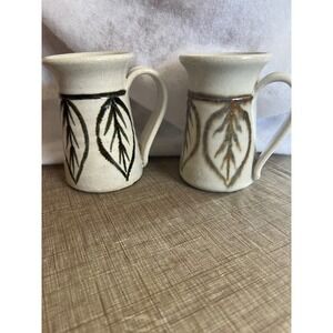 Set of 2 Ceramic Mugs Leaf Design Handmade Rustic Farmhouse Kitchen Decor